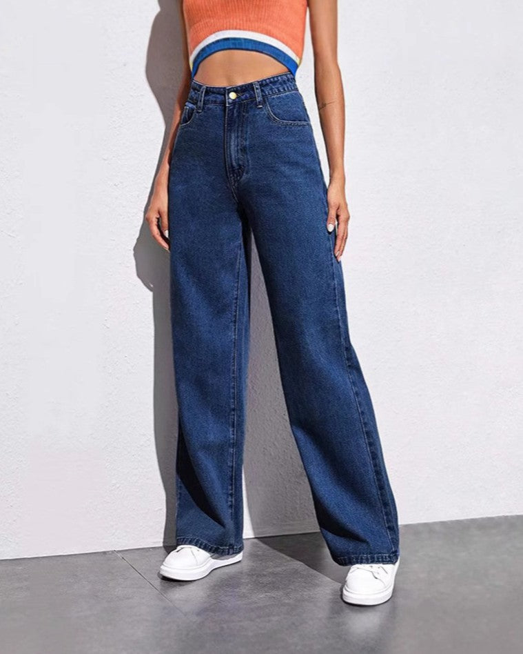 Classic High Rise Straight Wide Leg Jeans - Light-Blue