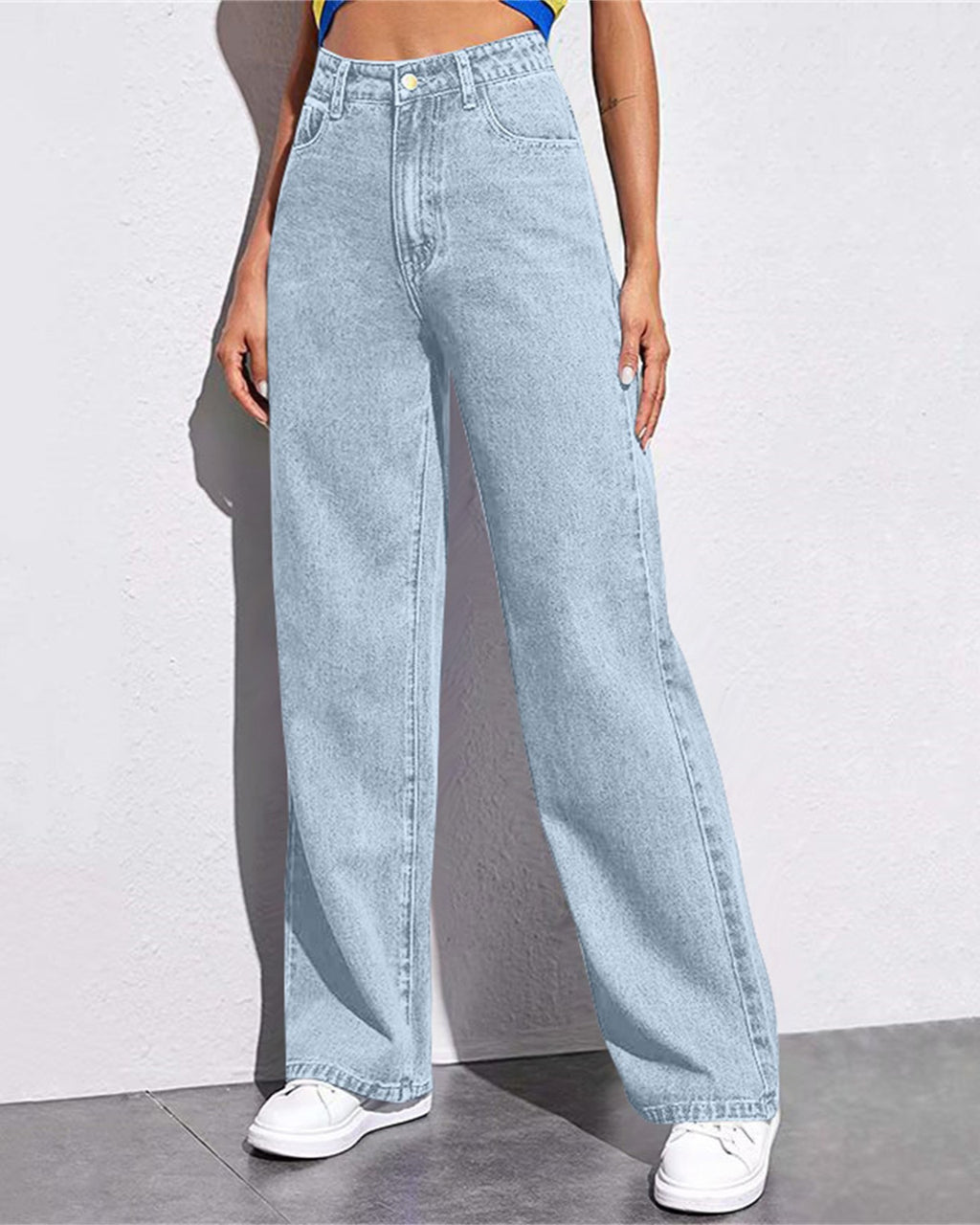 Classic High Rise Straight Wide Leg Jeans - Light-Blue - 1