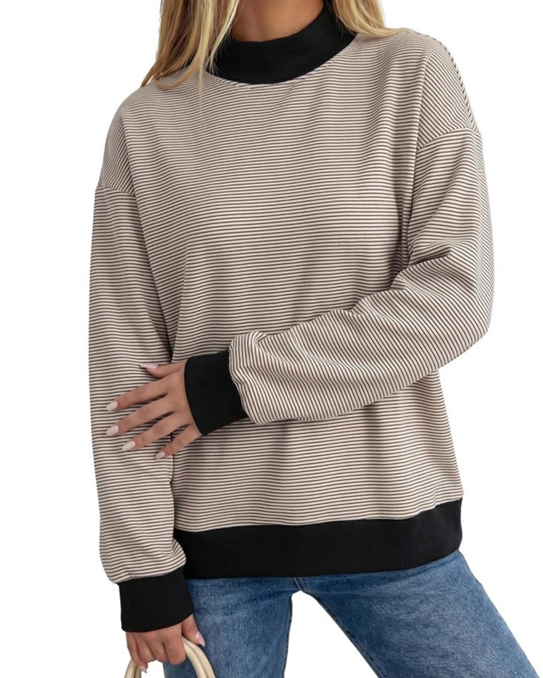 Ribbed Mock Neck Long Sleeve Contrast Tee - Apricot