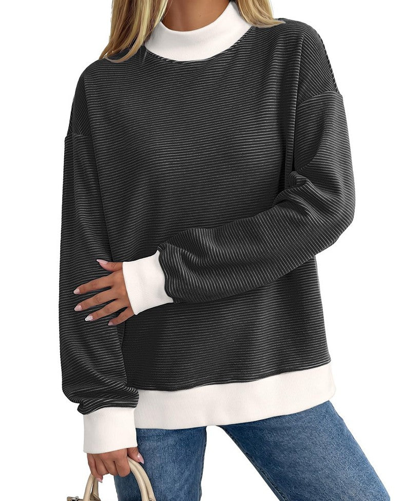 Ribbed Mock Neck Long Sleeve Contrast Tee - Black