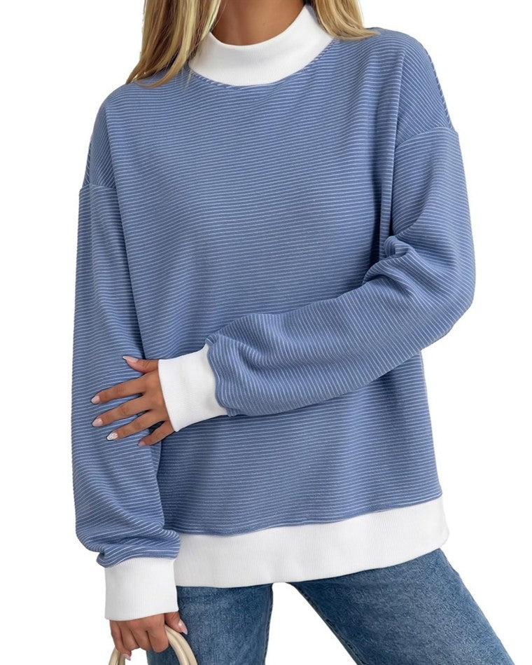 Ribbed Mock Neck Long Sleeve Contrast Tee - Blue