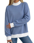 Ribbed Mock Neck Long Sleeve Contrast Tee - Blue