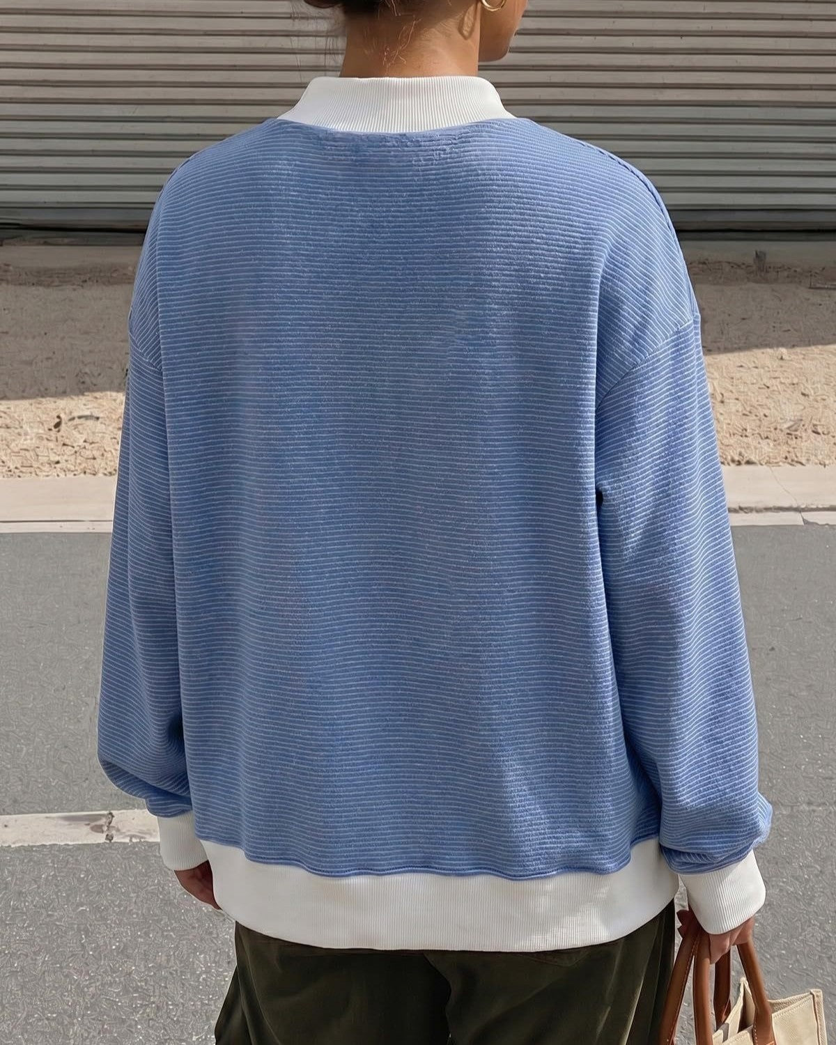 Ribbed Mock Neck Long Sleeve Contrast Tee - Blue - 1