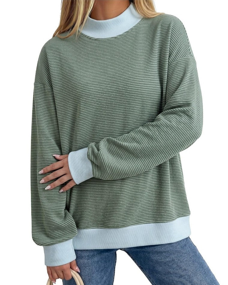 Ribbed Mock Neck Long Sleeve Contrast Tee - Green