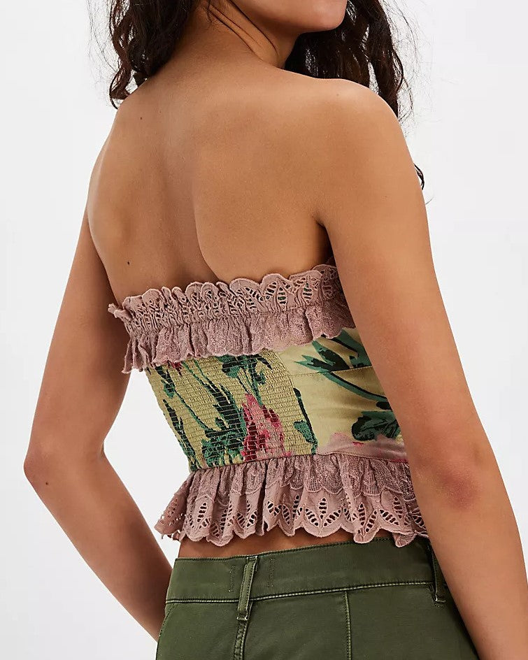 Ruffled Lace Trim Strapless Bustier Top - Brown - 1