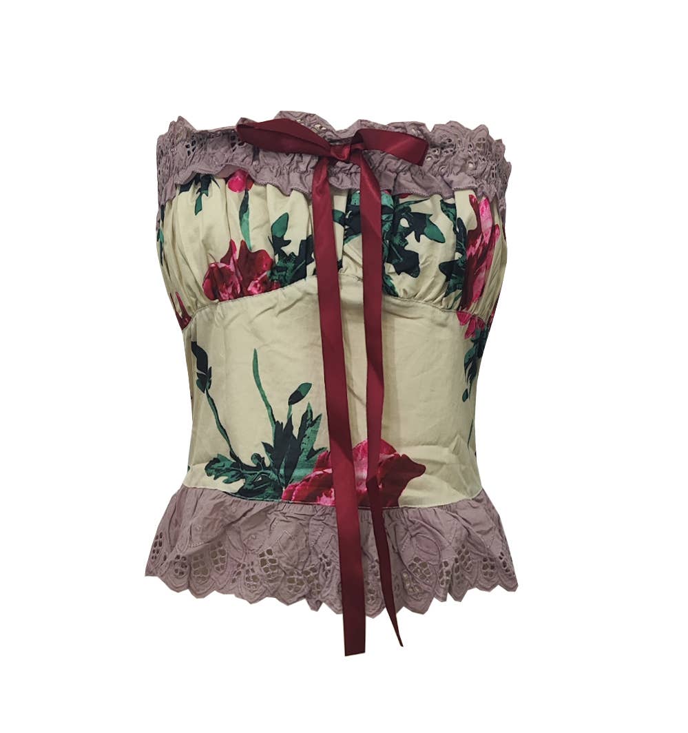 Ruffled Lace Trim Strapless Bustier Top