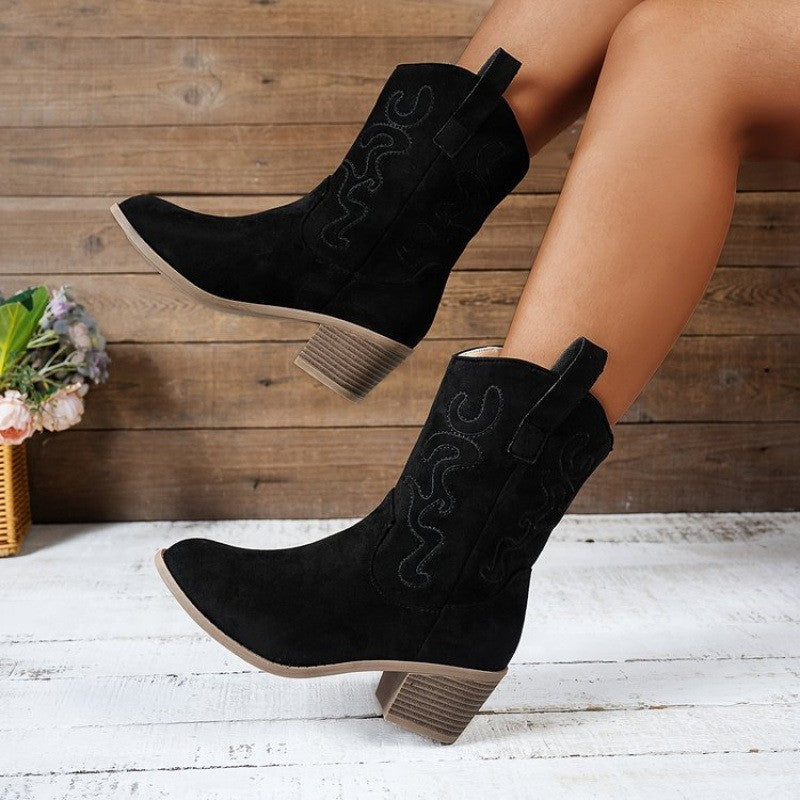 Embroidered Mid Calf Western Cowboy Boots - Black