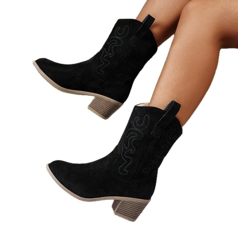 Embroidered Mid Calf Western Cowboy Boots