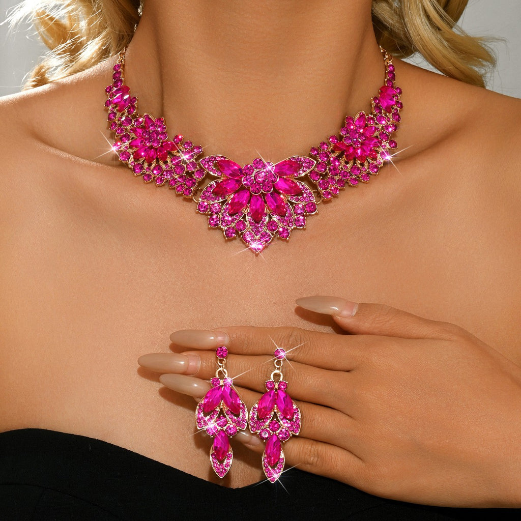 Rhinestone Floral Bib Necklace And Earring Set - Fuchsia