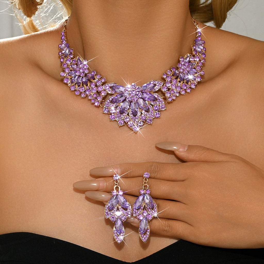 Rhinestone Floral Bib Necklace And Earring Set - Lavender