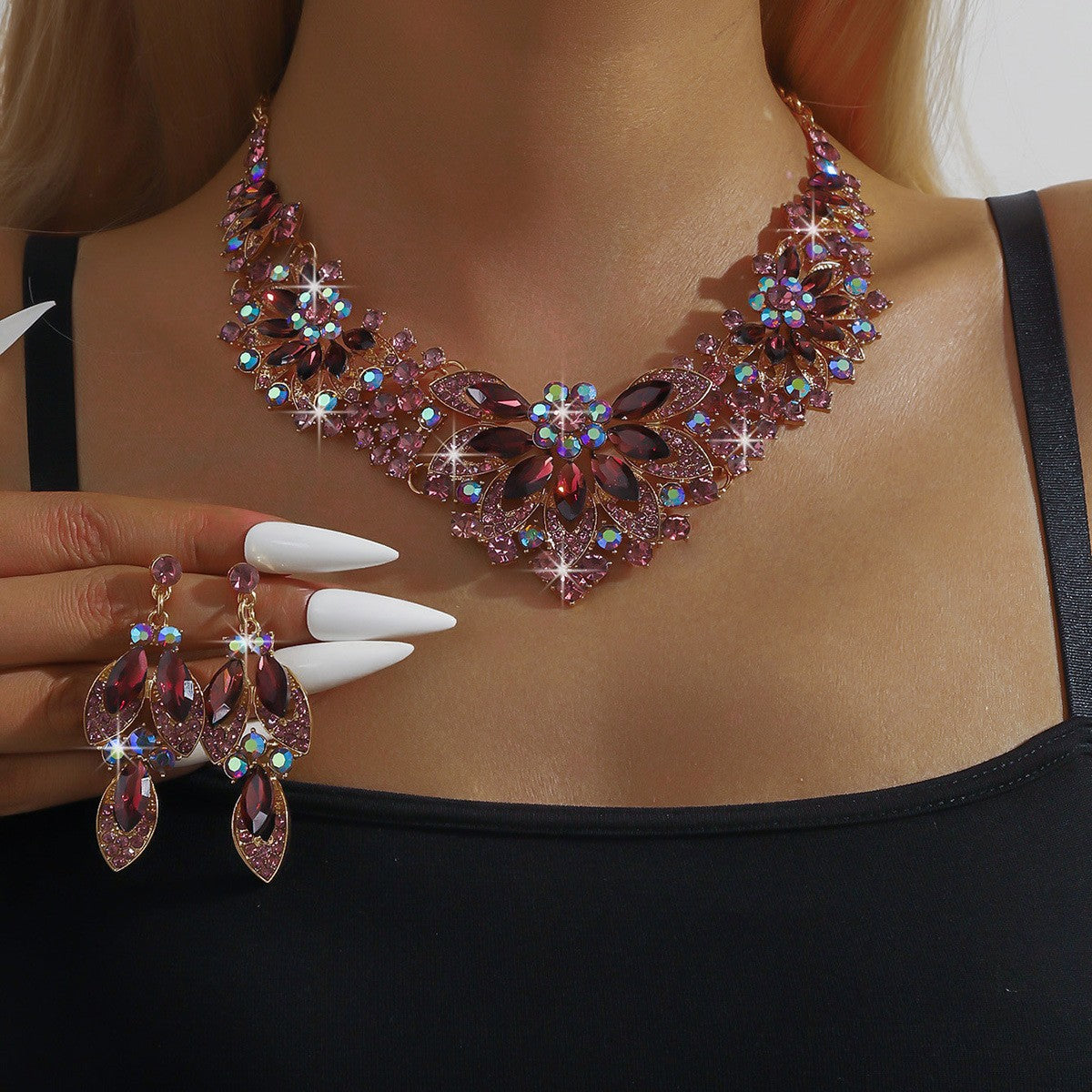 Rhinestone Floral Bib Necklace And Earring Set - Mauve