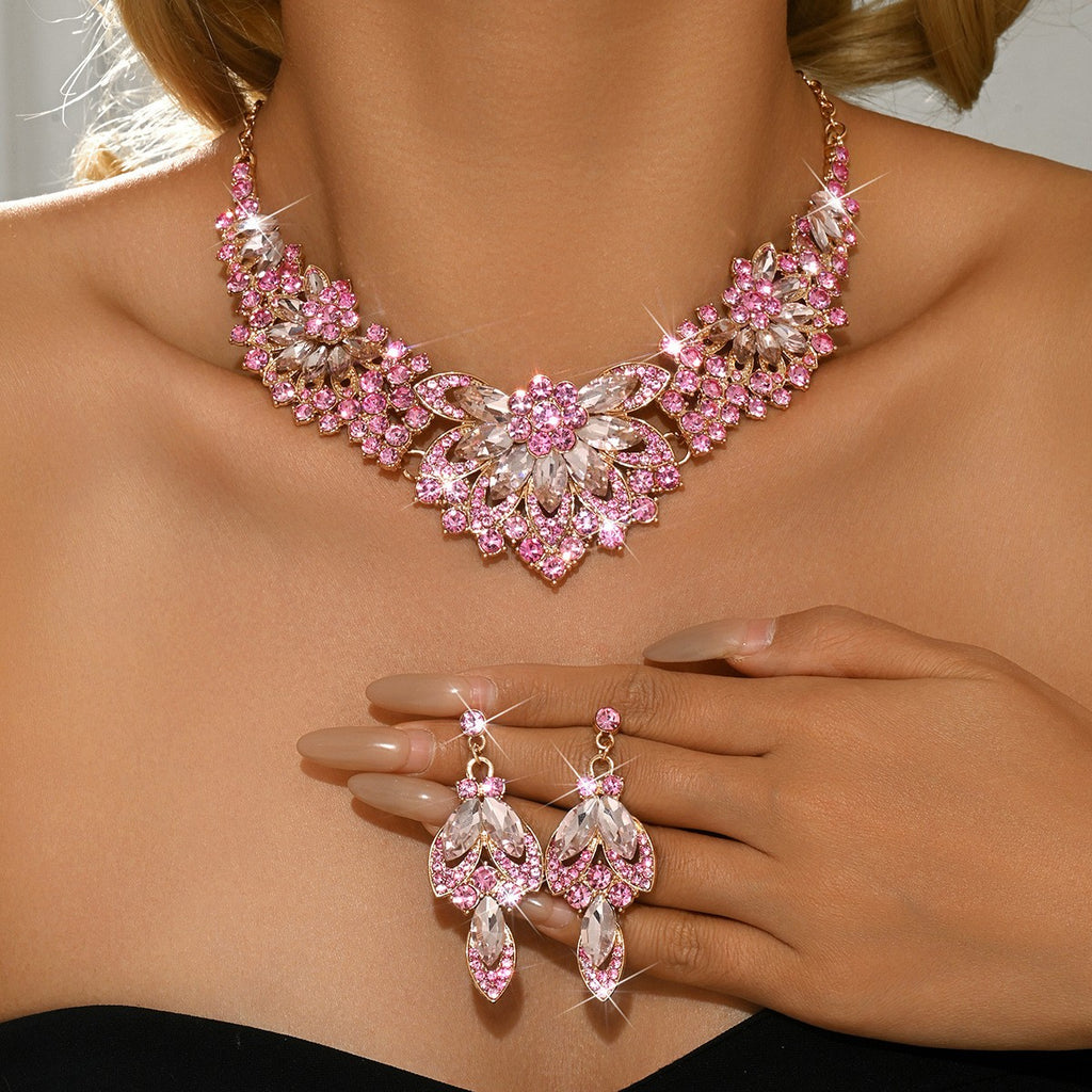 Rhinestone Floral Bib Necklace And Earring Set - Pink