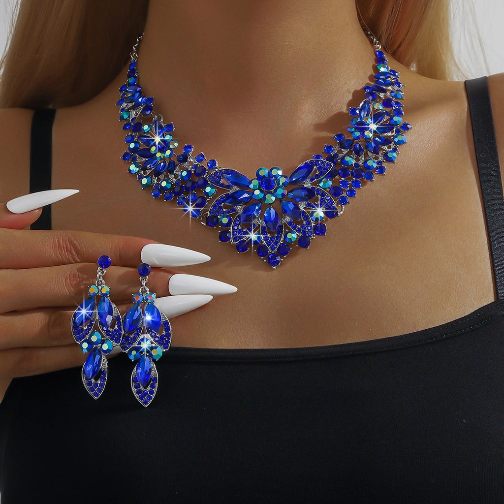 Rhinestone Floral Bib Necklace And Earring Set - Royal Blue