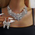Rhinestone Floral Bib Necklace And Earring Set - Silver Clear