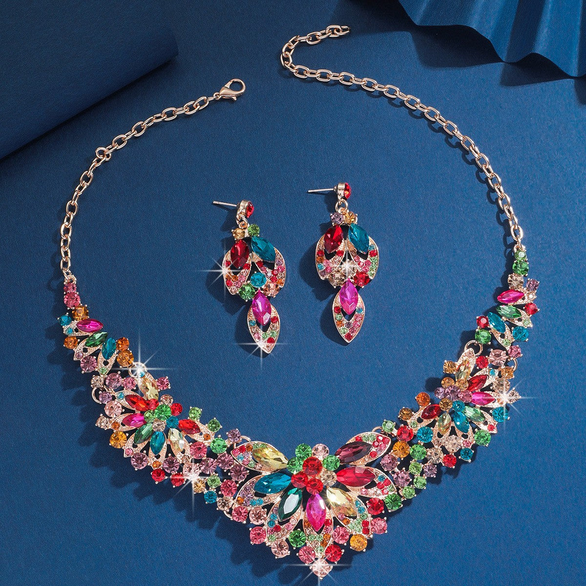 Rhinestone Floral Bib Necklace And Earring Set