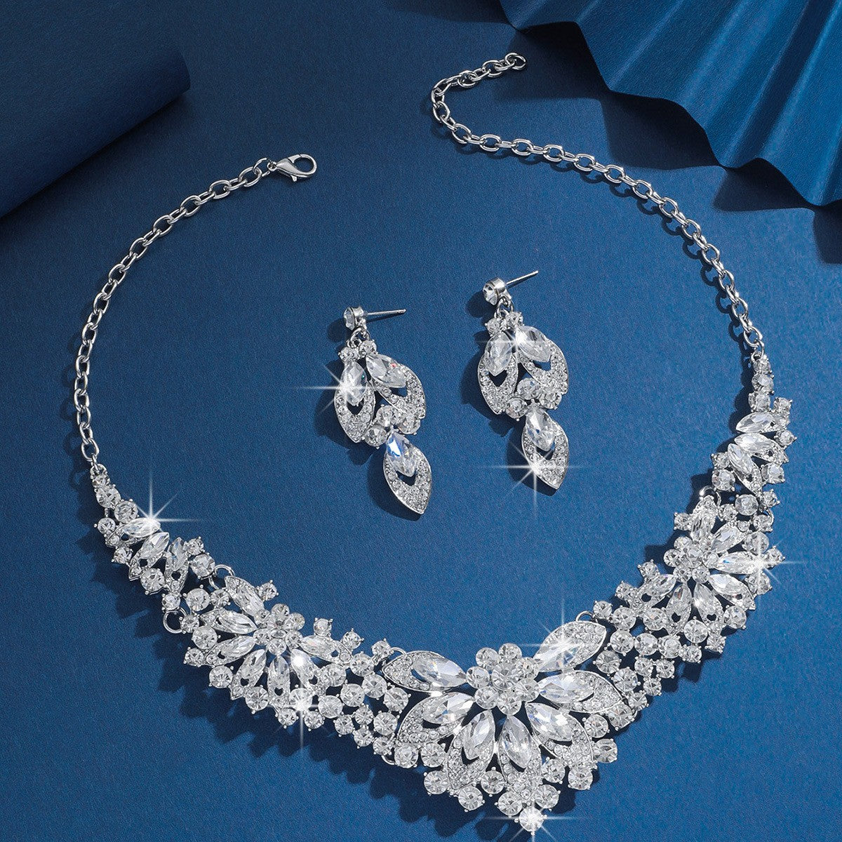 Rhinestone Floral Bib Necklace And Earring Set