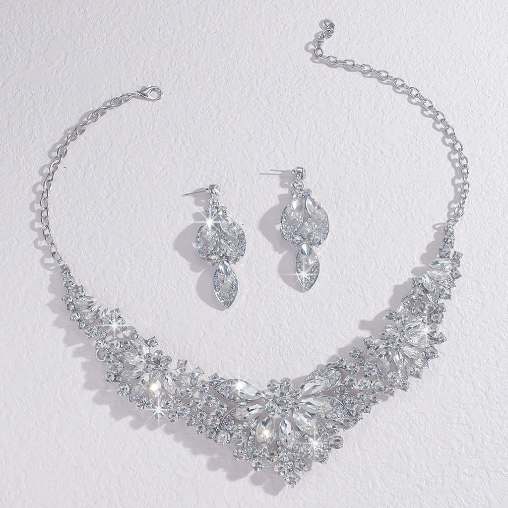 Rhinestone Floral Bib Necklace And Earring Set