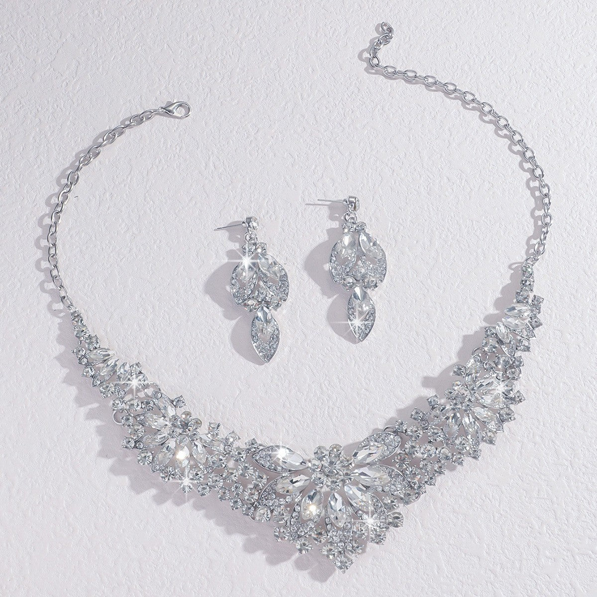 Rhinestone Floral Bib Necklace And Earring Set