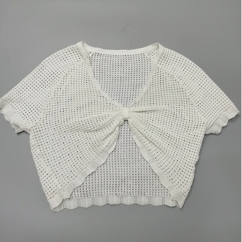 Open Knit Twist Front Cropped Top - White - 3