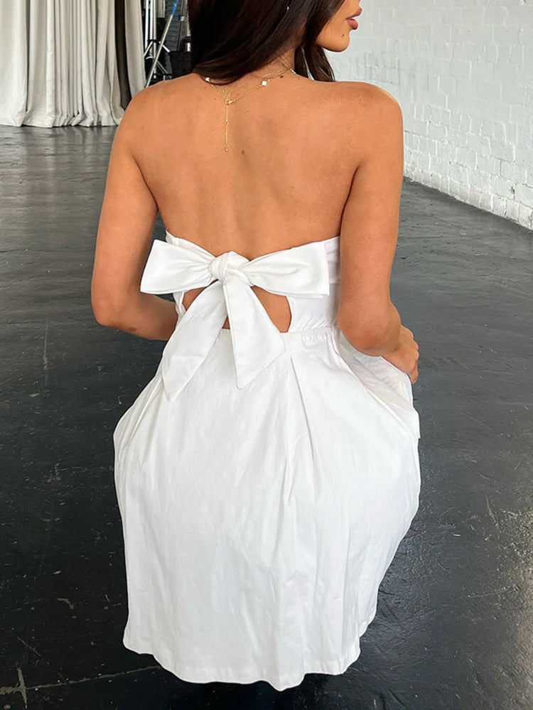 Strapless Bow Back Fit and Flare Mini Dress - White - 1