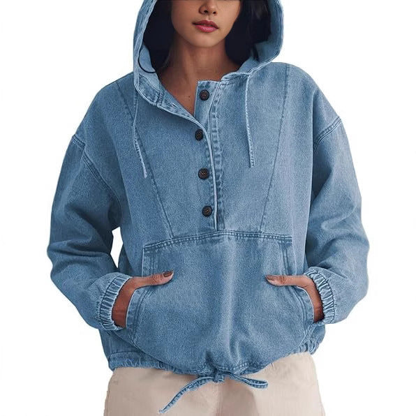 Oversized Denim Anorak Hoodie With Drawcord Hem - Blue