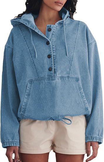 Oversized Denim Anorak Hoodie With Drawcord Hem - Blue - 1