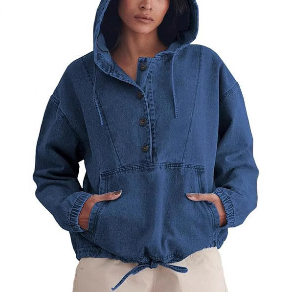 Oversized Denim Anorak Hoodie With Drawcord Hem - DarkBlue - 2