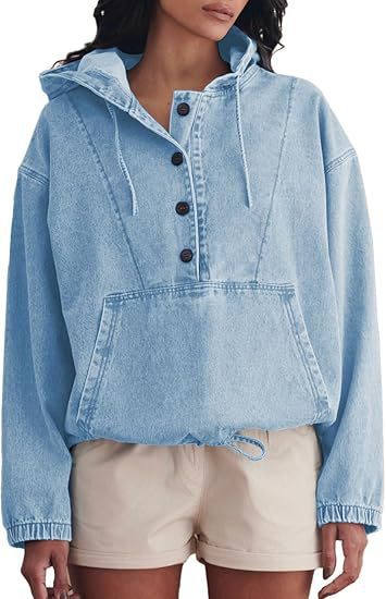 Oversized Denim Anorak Hoodie With Drawcord Hem - LightBlue