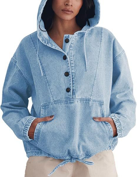 Oversized Denim Anorak Hoodie With Drawcord Hem - LightBlue - 2