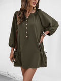 Button Placket Balloon Sleeve Shift Dress - Green