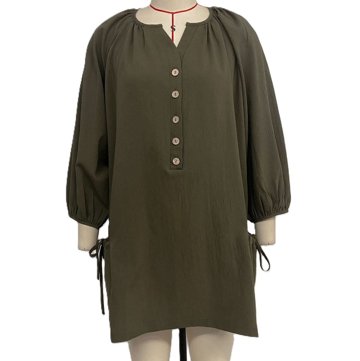 Button Placket Balloon Sleeve Shift Dress - Green - 1