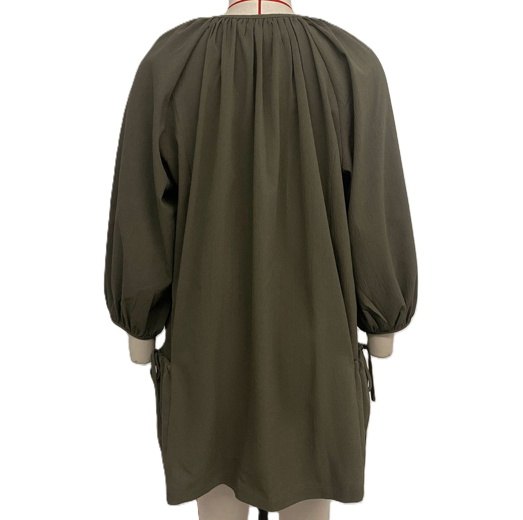 Button Placket Balloon Sleeve Shift Dress - Green - 2