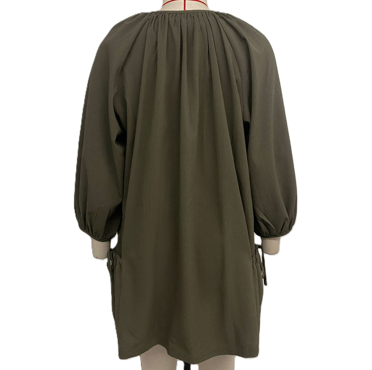 Button Placket Balloon Sleeve Shift Dress - Green - 2