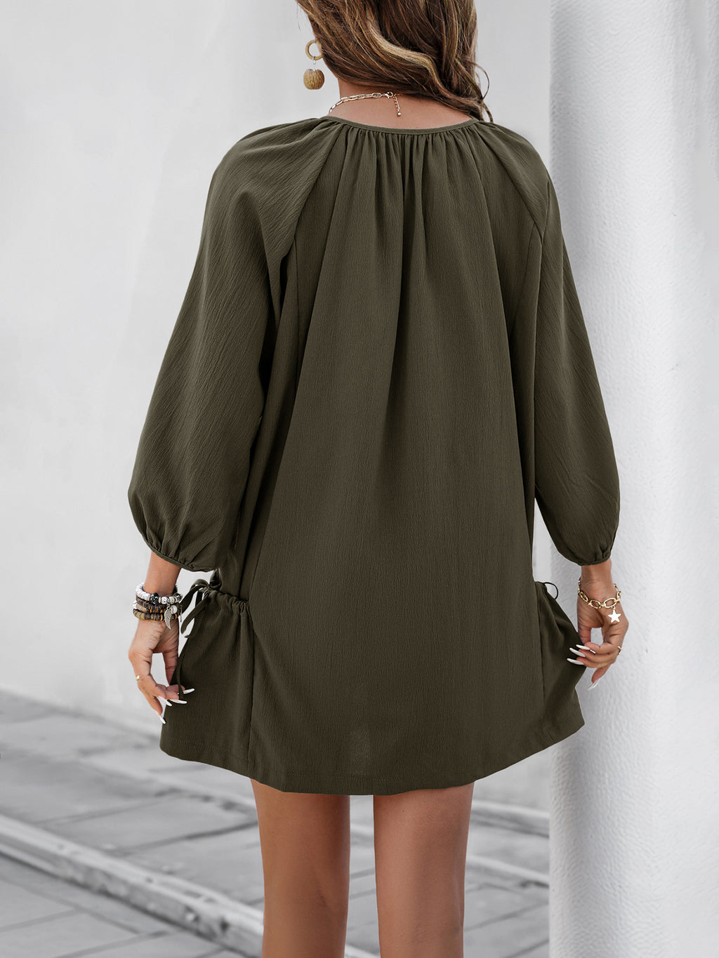 Button Placket Balloon Sleeve Shift Dress - Green - 3