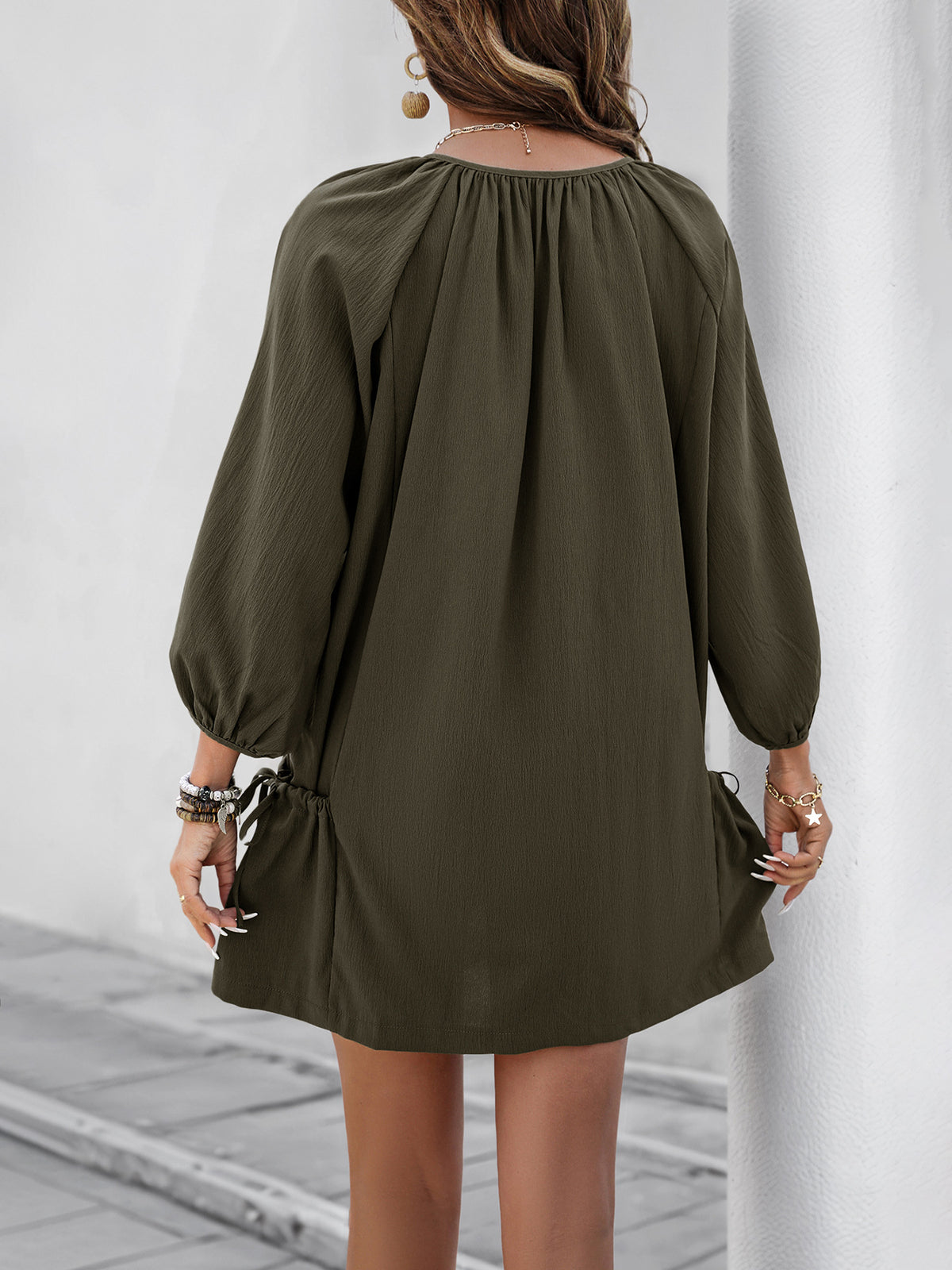 Button Placket Balloon Sleeve Shift Dress - Green - 3