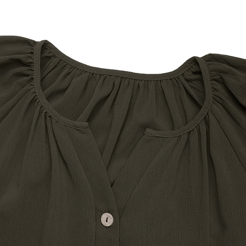 Button Placket Balloon Sleeve Shift Dress - Green - 4