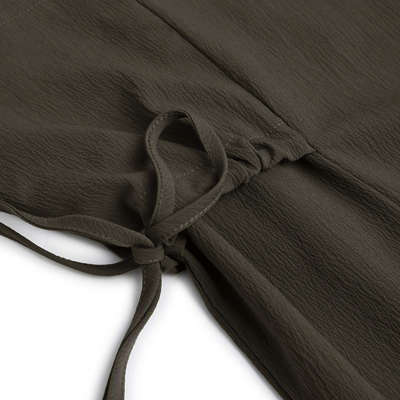 Button Placket Balloon Sleeve Shift Dress - Green - 5