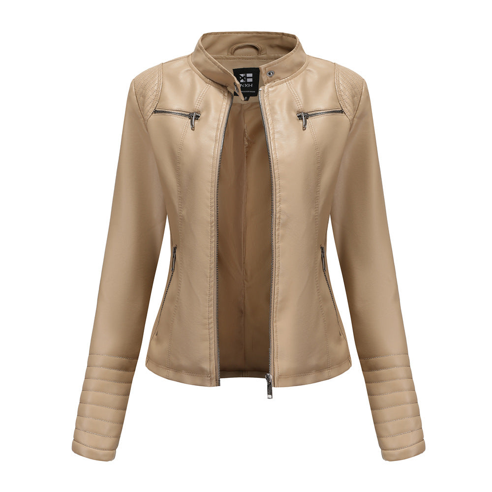 Quilted Sleeve Faux Leather Moto Jacket - Apricot