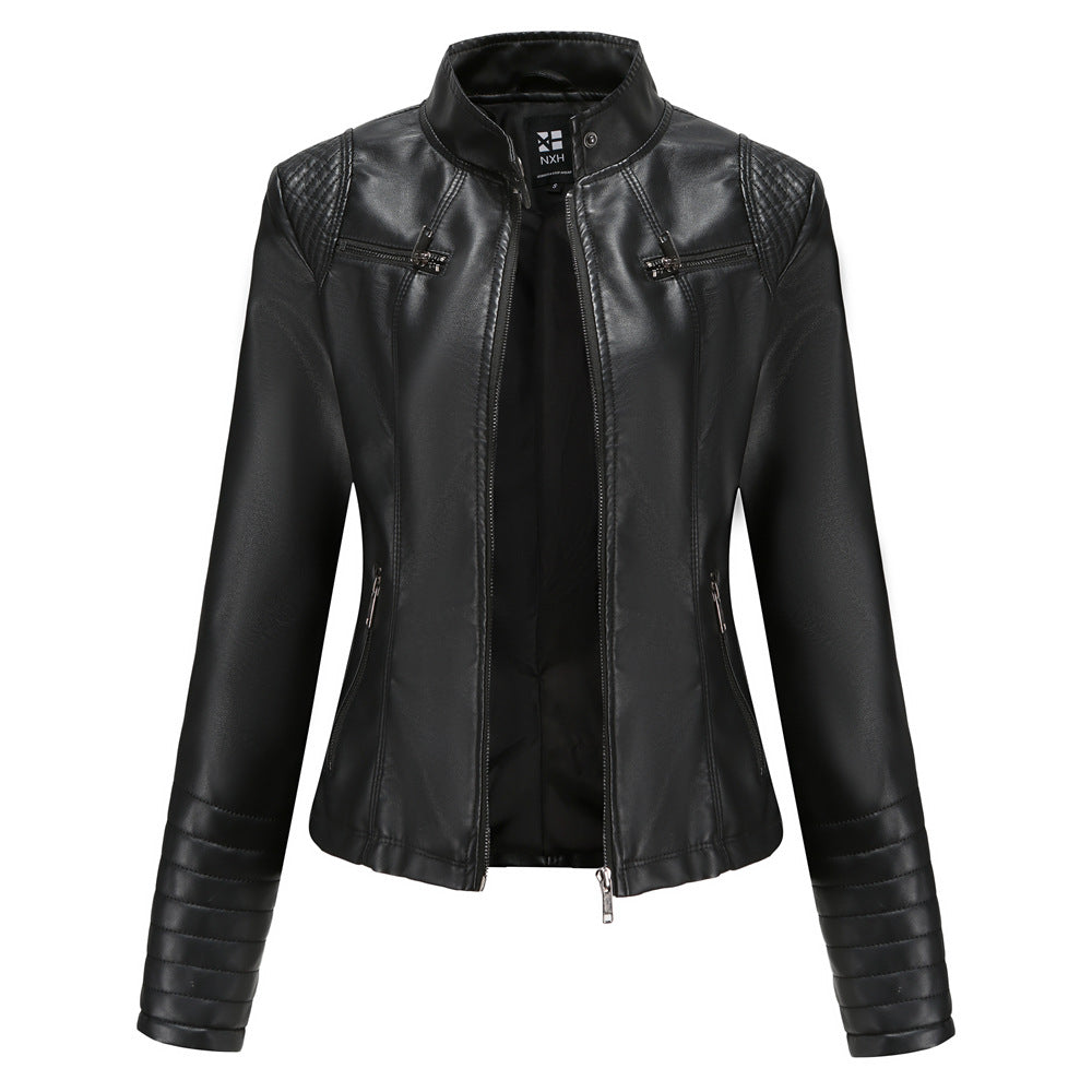Quilted Sleeve Faux Leather Moto Jacket - Black - 1