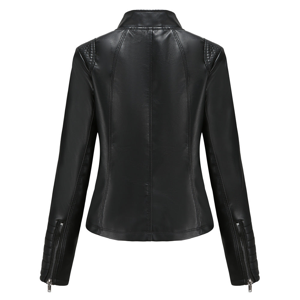 Quilted Sleeve Faux Leather Moto Jacket - Black - 2