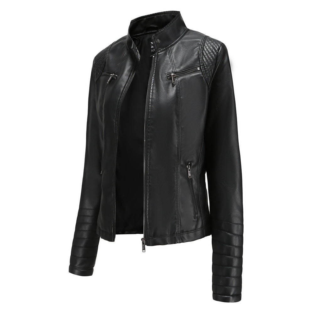 Quilted Sleeve Faux Leather Moto Jacket - Black - 6