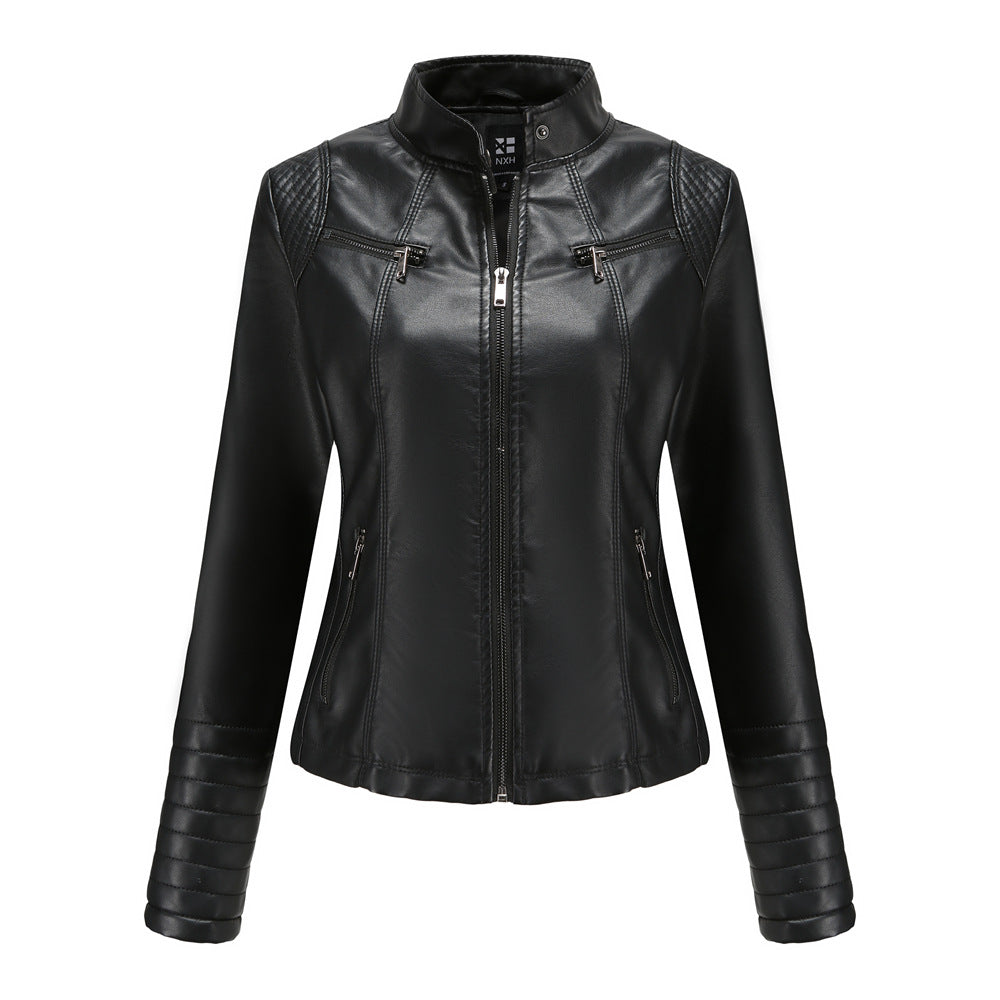 Quilted Sleeve Faux Leather Moto Jacket - Black - 7