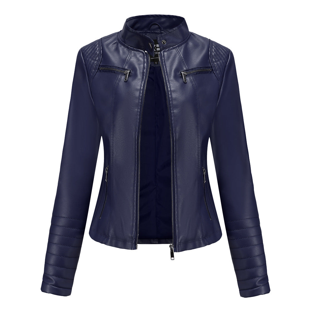 Quilted Sleeve Faux Leather Moto Jacket - Blue