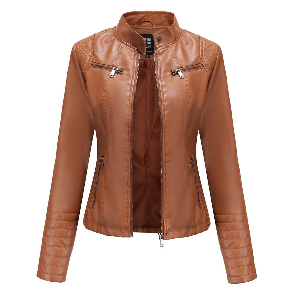 Quilted Sleeve Faux Leather Moto Jacket - Camel