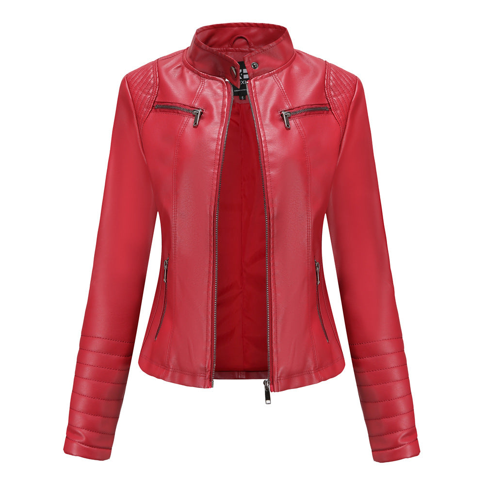 Quilted Sleeve Faux Leather Moto Jacket - Red