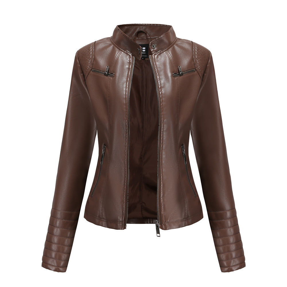 Quilted Sleeve Faux Leather Moto Jacket - coffee