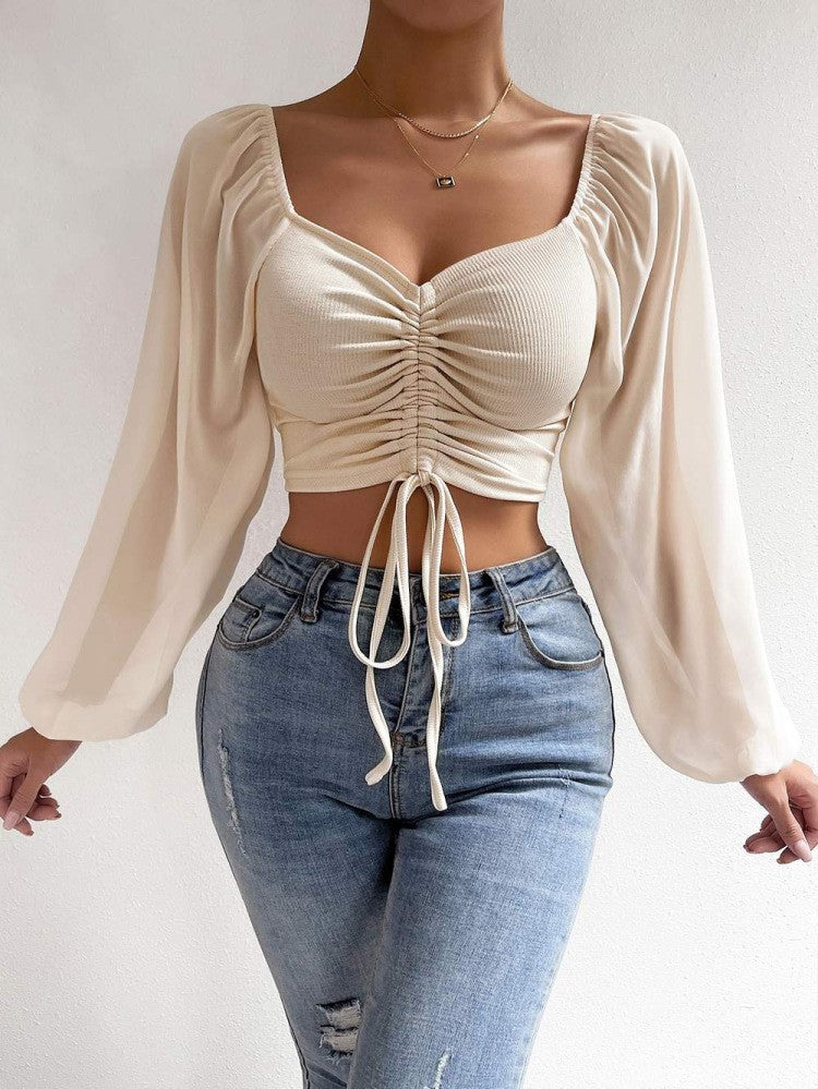 Sweetheart Neck Ruched Balloon Sleeve Blouse - Apricot