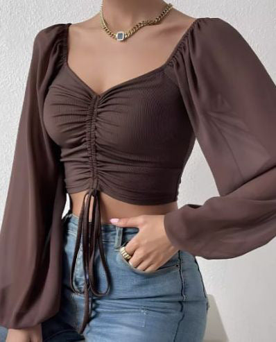 Sweetheart Neck Ruched Balloon Sleeve Blouse - Coffee