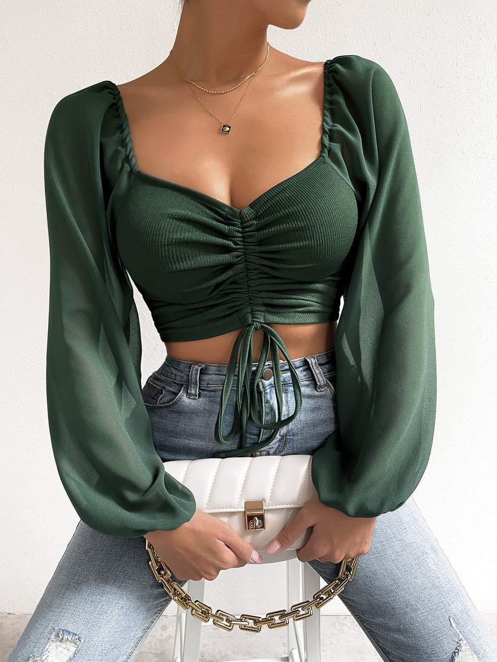 Sweetheart Neck Ruched Balloon Sleeve Blouse - DarkGreen