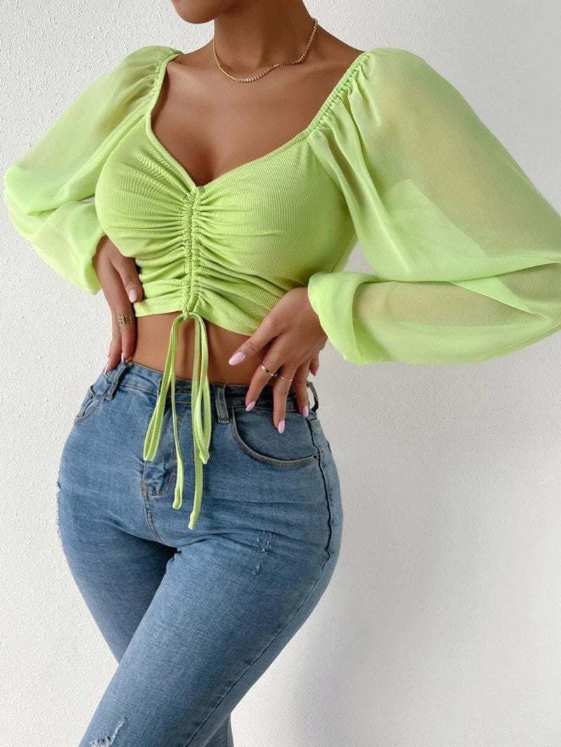 Sweetheart Neck Ruched Balloon Sleeve Blouse - Green
